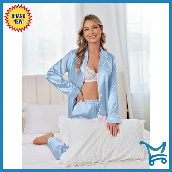 Silky Satin Pajama Set Long Sleeve Top Pants Lounge Wear
